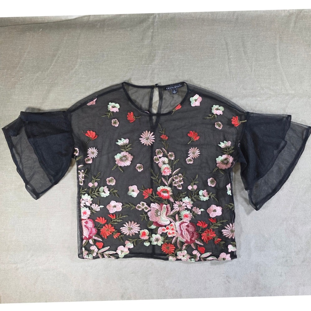 Haute‎ Monde Black Sheer Mesh Floral Embroidered Ruffle Sleeve Top L HMT51690-B